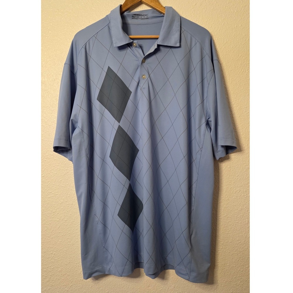 Nike Golf Dri-FIT Polo Men's XL Blue Argyle Athletic Performance Golf Shirt